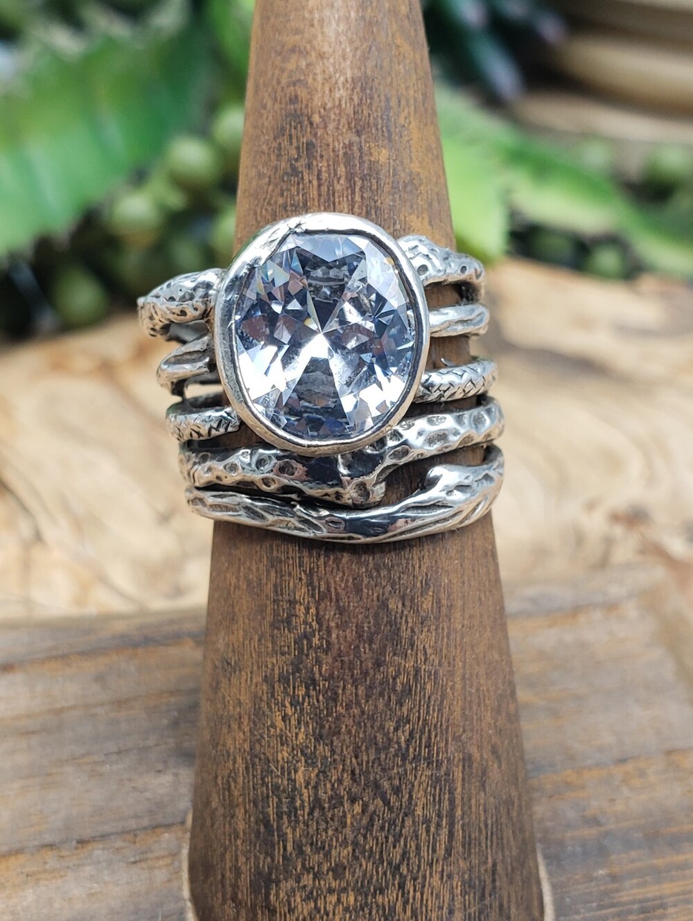 Israel Sterling Silver w/ Lrg Crystal - Brutalist Artisan Organic Textured 7